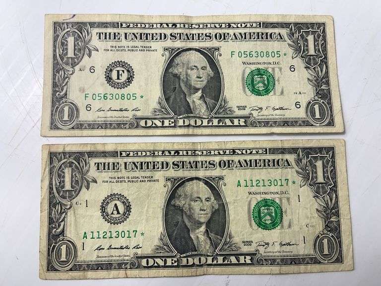 Two 2009 $1 Green Seal Star Notes