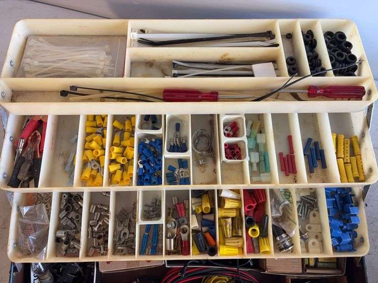 (3) tool boxes with electrical supplies, saw, drill and sand kit, and wrenches