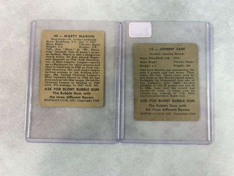 1948 Bowman baseball lot of 4: Johnny Sain, Marion, Blackwell, Tommy Henrich