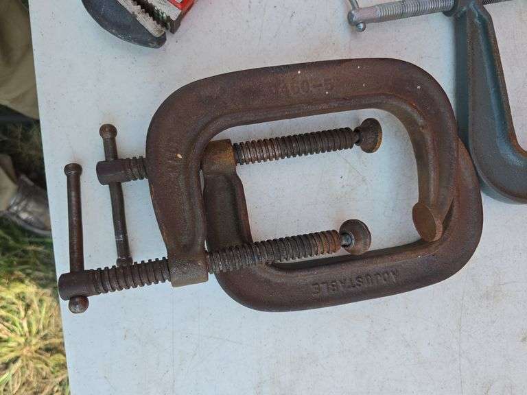 LOT OF PIPE WRENCHES AND C-CLAMPS