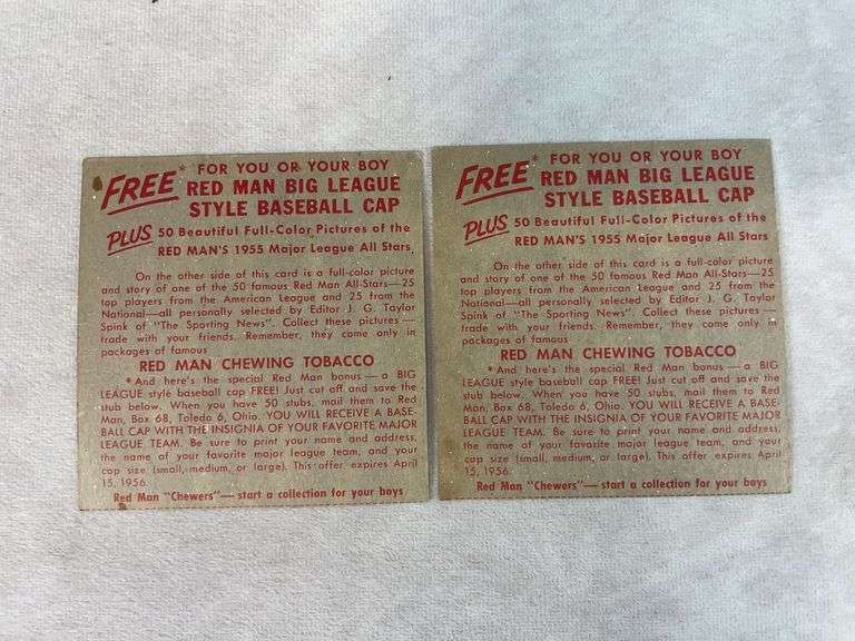 (2) 1955 Red Man Tobacco Cards - Jackie Jensen & Jimmie Piersall