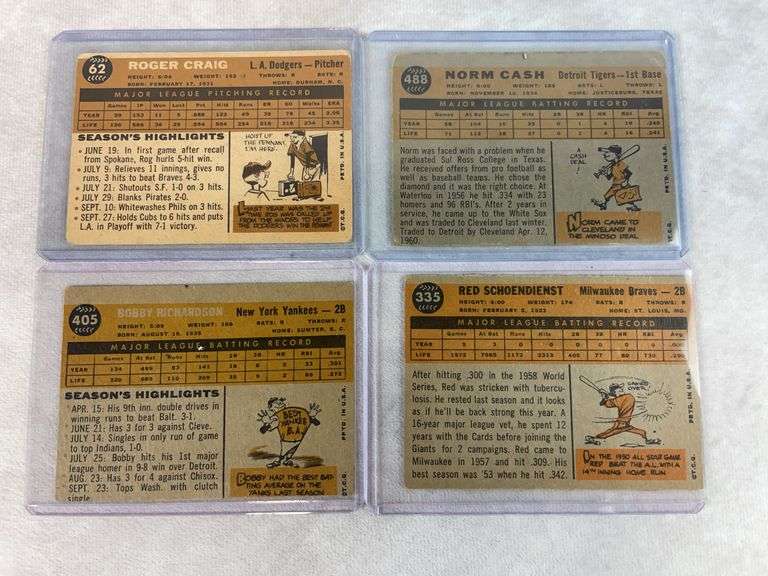 1960 Topps Star lot of 6, no duplicates: Red Schoendient, Richardson, Cash, Bauer