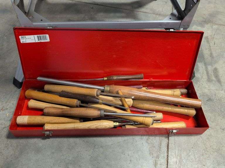 Fisch wood lathe machine, Black and Decker workmate, lathe bits, and woodworking tools