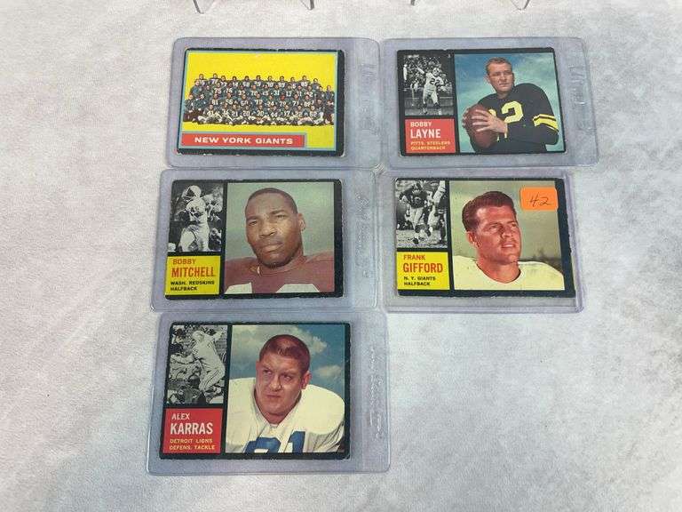 1962 football Topps Star lot: Gifford, Layne, Ringo SP, Thurston SP, Mitchell, Karras
