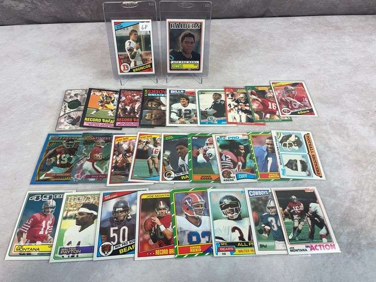 (28) 1980's & 90's Football Cards - Elway (RC) Creased, Montana, Allen (RC), Payton, Rice & Others