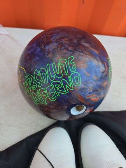 BOWLING BALL AND SIZE 9-1/2 BOWLING SHOES