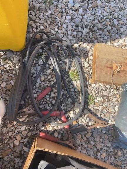 Large lot of misc. items including car seat, Rubbermaid trash barrel, radio parts, jumper cables, hy