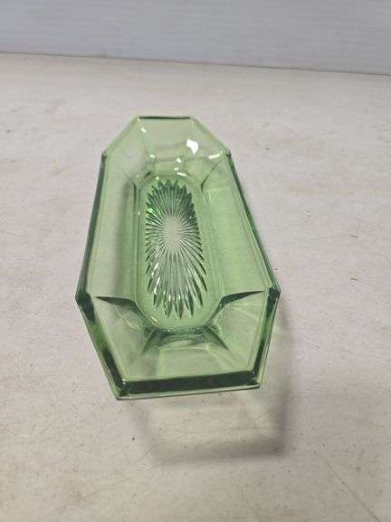 GREEN HEISEY CELERY DISH MARKED