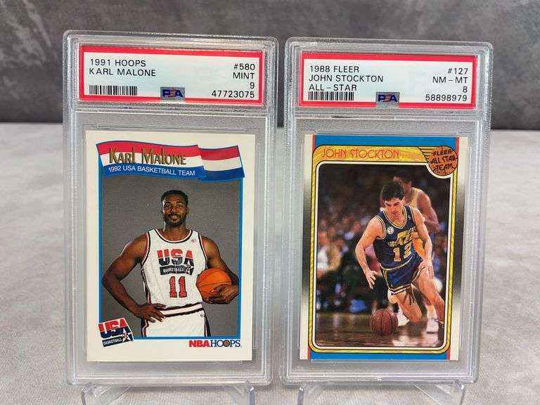 1988 Fleer All-Star #127 John Stockton PSA 8 & 1991 Hoops #580 Karl Malone USA Basketball PSA 9