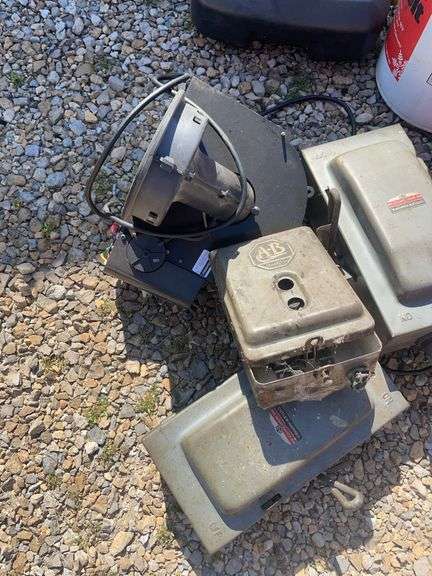Cutler-Hammer electric boxes, Blitz oil drain, cone, buckets with jumper cables