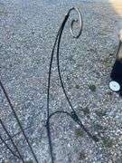 Assortment of garden decor/ plant stands, hanging basket hook and more