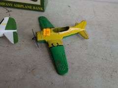 John Deere airplane bank and (2) other metal plane toys