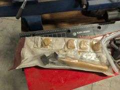 Fisch wood lathe machine, Black and Decker workmate, lathe bits, and woodworking tools