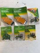 (3) John Deere model tractors, (1) rotary cutter, and (2) implements - 1/64 scale