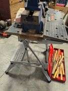 Fisch wood lathe machine, Black and Decker workmate, lathe bits, and woodworking tools