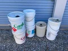 Large assortment of buckets for cleaners & misc.