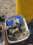 Large lot of misc. items including car seat, Rubbermaid trash barrel, radio parts, jumper cables, hy
