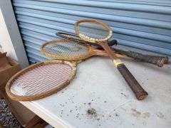 (4) racquets, baseball glove, toy bowling pin and game set