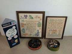 Buttons, Charlie Brown Christmas Tree, and (2) stitched signs