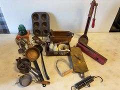 Vintage items - ladles, levels, utensils, strainers, and more