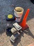 Cutler-Hammer electric boxes, Blitz oil drain, cone, buckets with jumper cables