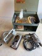 (3) tool boxes with electrical supplies, saw, drill and sand kit, and wrenches