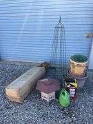 Assortment of Planters, sprayer, bird house, decorative stand and watering can
