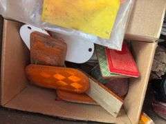 Crate with John Deere oil can, planer, and more