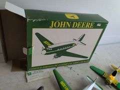 John Deere airplane bank and (2) other metal plane toys