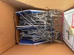 (2) boxes of hooks/shelving, mechanics chair and cord wheel