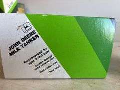 John Deere model milk tanker & John Deere model implement hauling flatbed - 1/64 scale, dirty