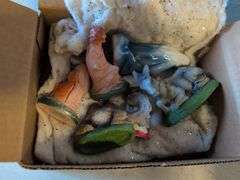 Vintage nativity set, Crayola chalk and crayons, purse, and baskets