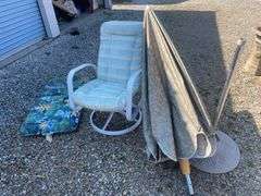 Umbrella stand w/ umbrella, outdoor chair and extra cushion