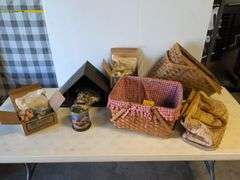 Vintage nativity set, Crayola chalk and crayons, purse, and baskets