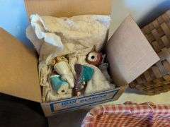 Vintage nativity set, Crayola chalk and crayons, purse, and baskets