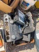 Large lot of misc. items including car seat, Rubbermaid trash barrel, radio parts, jumper cables, hy
