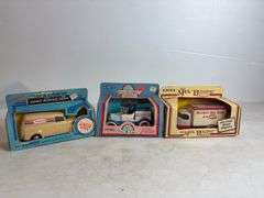 (3) Ertl diecast model car coin banks - '48 Chevy, '18 Ford, and '26 Mack "Bulldog" - (2) 1/25 scale