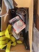 Large lot of misc. items including car seat, Rubbermaid trash barrel, radio parts, jumper cables, hy