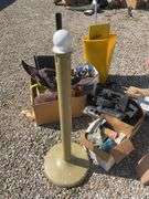 Large lot of misc. items including car seat, Rubbermaid trash barrel, radio parts, jumper cables, hy