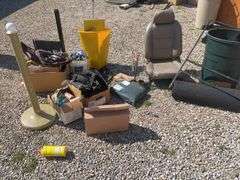 Large lot of misc. items including car seat, Rubbermaid trash barrel, radio parts, jumper cables, hy