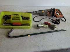 Ridgid sawzall, crow bar, pliers, and other hand tools