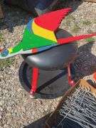 (2) boxes of hooks/shelving, mechanics chair and cord wheel