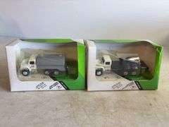 John Deere model milk tanker & John Deere model implement hauling flatbed - 1/64 scale, dirty