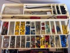 (3) tool boxes with electrical supplies, saw, drill and sand kit, and wrenches