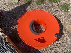 (2) boxes of hooks/shelving, mechanics chair and cord wheel