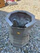 Large lot of outdoor items including fountains, garden hose with reel, plant stand, basket, planters