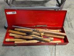 Fisch wood lathe machine, Black and Decker workmate, lathe bits, and woodworking tools