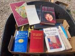 Box of books including The Hardy Boys, John Grisham, Technical writing and more