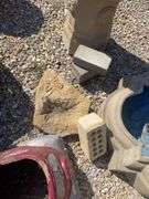 Large lot of outdoor items including fountains, garden hose with reel, plant stand, basket, planters