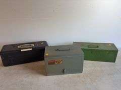 (3) tool boxes with electrical supplies, saw, drill and sand kit, and wrenches